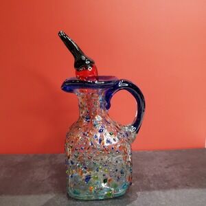 Hand-Blown Mexican Glass Confetti Cruet w/Blue Handle & Red Chili Pepper Stopper
